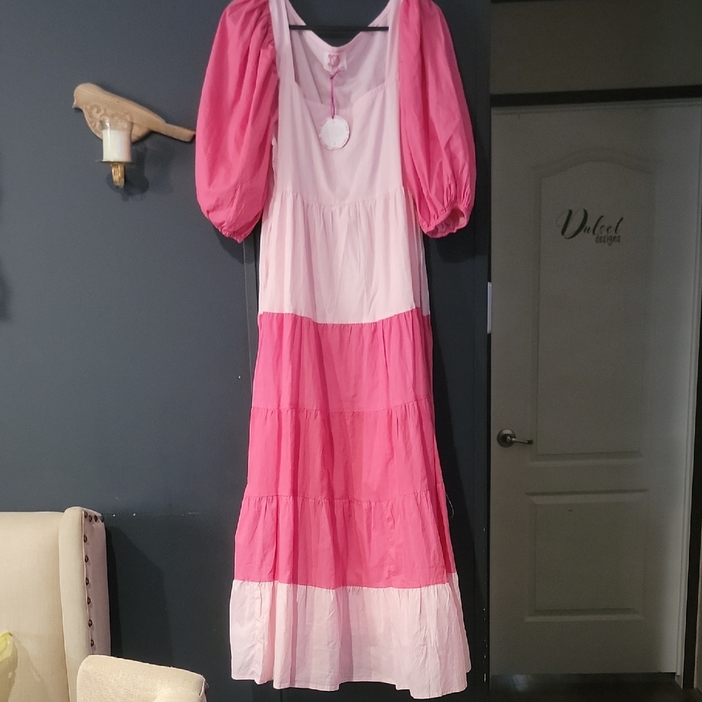 Victoria Dunn Pink Tiered Sundress with Bishop Sleeves
